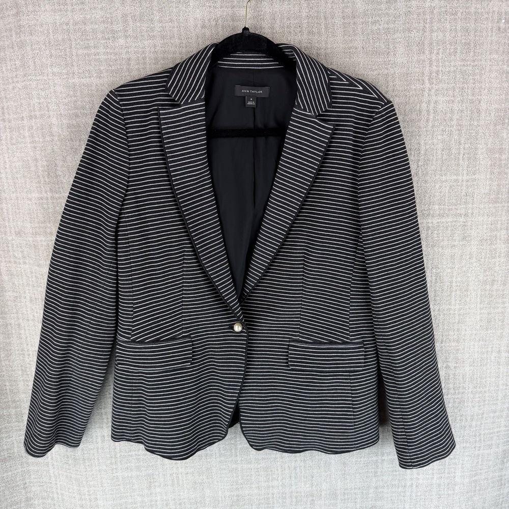 Ann Taylor Blazer Womens 10 Black Striped Tailored Notch Lapel Single-Closure